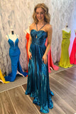 Halter Blue Metallic Pleated A-line Long Formal HZ0307