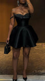 Black A-Line Homecoming Dresses, Off The Shoulder Beaded Mini Party Dress, HZ0307