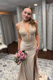 Champage Halter Applique Prom Dress with HZ0307