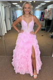 Plunging V-Neck Tulle Pink Evening Prom HZ0307