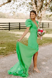 Short Sleeves Hot Pink V Neck Mermaid Long Formal HZ0307