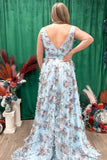 A-line V-neck Florals Ruffle Long Prom HZ0307