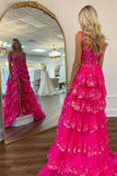 Fuchsia Sequin Tiered Ruffle A-line Long HZ0307