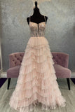 Straps Pink Appliques and Tulle Ruffles Prom HZ0307