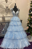 Light Blue Appliques Tiered Ruffle Prom HZ0307