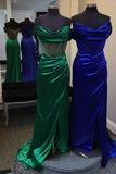 Off the Shoulder Green Corset Ruched Mermaid Long Formal HZ0307