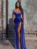 Off Shoulder Beaded Prom Dress - Long Satin Evening HZ0307