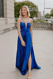 Straps Royal Blue Pleated Long Formal Dress with Bow HZ0307