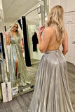 Halter Silver Metallic Pleated A-line Long Formal HZ0307