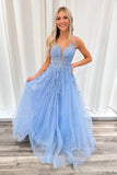 Blue Straps Lace Appliques A-line Long Formal HZ0307