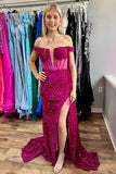 Off the Shoulder Fuchsia Sequin Mermaid Dress with HZ0307