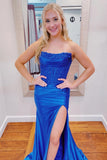 Strapless Royal Blue Appliques Satin Mermaid Long Formal HZ0307