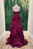 Straps Pink Metallic Pleated A-line Ruffle Long Formal HZ0307