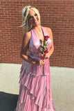 Halter Purple Metallic Pleated Ruffle Long Formal HZ0307