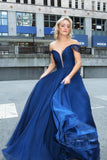 Off the Shoulder Navy Blue Chiffon A-line Long Formal HZ0307