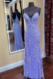 Spaghetti Straps Lilac Appliques Mermaid Evening Prom HZ0307