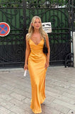 Straps Yellow Soft Satin Fitted Long Party HZ0307