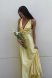 V Neck Yellow Satin Bow Back Party HZ0307