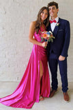 Halter Fuchsia Satin Empire Long Formal HZ0307