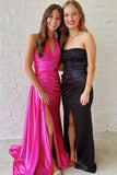 Halter Fuchsia Satin Empire Long Formal HZ0307