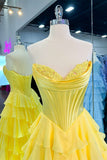 Yellow Corset A-line Ruffle Long Formal HZ0307
