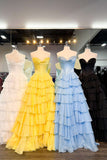 Yellow Corset A-line Ruffle Long Formal HZ0307