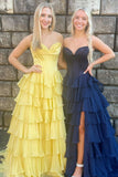 Yellow Corset A-line Ruffle Long Formal HZ0307