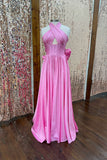 Halter Pink Taffeta A-line Long Formal HZ0307