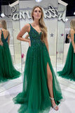 Emerald Green Beaded Tulle A-line Long Formal HZ0307