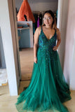 Emerald Green Beaded Tulle A-line Long Formal HZ0307