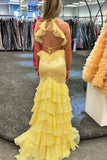 V Neck Yellow Ruffle Mermaid Long Prom HZ0307