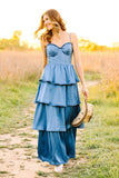 Spaghetti Straps Blue Soft Satin Layered Long Formal HZ0307