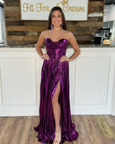 Strapless Gold Ruched A-line Long Formal HZ0307