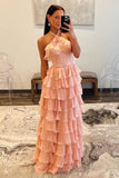 Halter Fuchsia Ruffle A-line Long Formal HZ0307