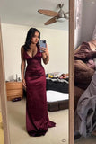 V Neck Burgundy Satin Fitted Long Party HZ0307
