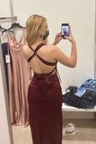 V Neck Burgundy Satin Fitted Long Party HZ0307