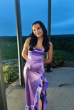 Lavender Straps Cowl Neck Satin Long Party HZ0307