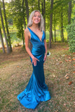 Plunge Blue Satin Ruched Mermaid Party HZ0307