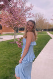 Straps Blue Chiffon Ruffle Slit Fitted HZ0307