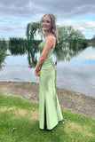 Cowl Neck Sage Green Satin Fitted Formal HZ0307