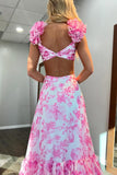 Sexy Pink Floral Cutouts A-line Ruffle Long HZ0307