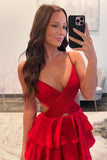 Red Straps Satin Cutouts A-line Ruffle Prom HZ0307