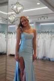 Light Blue Pearls and Satin Ruched Fitted Prom HZ0307