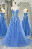 Straps Blue Lace Appliques A-line Long Formal HZ0307