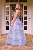 Straps Blue Floral Corset A-line Ruffle Prom HZ0307