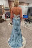 Straps Sheer Appliques Satin Memaid Prom HZ0307