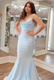 Cowl Neck Light Blue Ruched Fitted Formal HZ0307