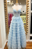 Spaghetti Straps Light Blue Corset A-line Ruffle HZ0307