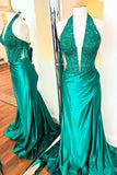 Halter Green Appliques Satin Ruched Prom HZ0307