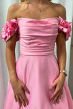 Flower Off the Shoulder Pink Satin A-line Prom HZ0307